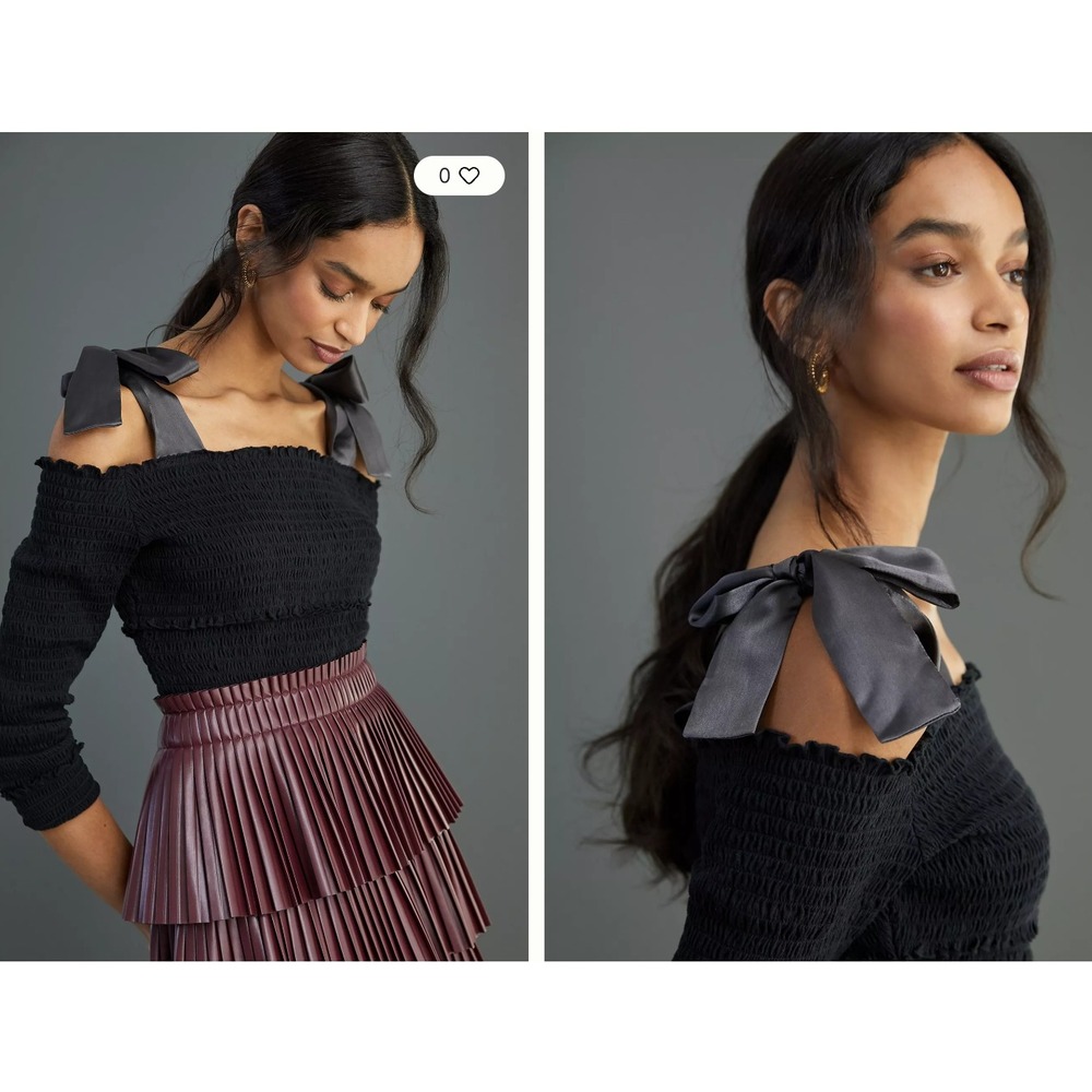 Anthropologie Black Smocked Off Shoulder Top with Satin Ribbon Ties Small